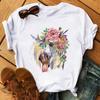 Nova Camiseta Casual Feminina Harajuku Gola Redonda Estampa Floral de Vento Kawaii Verão