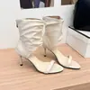 Sandálias Sexy Plissadas de Salto Alto para Mulheres de Comércio Exterior, Novo Estilo Verão 2026, Tamanho Grande, Salto Fino, Zíper Traseiro, Sandálias Elegantes e Emagrecedoras