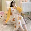 Bonita pijama de estilo coreano para mujer talla grande, de manga larga, adecuada para primavera, otoño e invierno, pijama largo hasta la rodilla que se puede usar afuera, ropa de estar para mujer