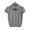 Ropa de Mujer al por Mayor Transfronteriza Estilo Academia Francesa Color Sólido Delgada Solapa Camisa de Punto Camiseta de Manga Corta Nuevo Top de Verano