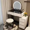 Penteadeira para Apartamentos Pequenos, Estilo Francês Creme para Quarto, Mesa de Maquiagem Minimalista Moderna, Mesa de Maquiagem de Vidro, Gabinete e Unidade de Gavetas Integrados