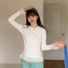 Tiro Real # Camiseta de Manga Larga para Mujer 2025 Nuevo Estilo Camisa Básica con Lazo y Dobladillo de Encaje Top de Moda
