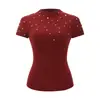 Top de punto estilo francés para mujer, con muchas perlas, cuello semi-alto y manga corta, perfecto para principios de otoño, con un diseño sofisticado y un aspecto único y hermoso