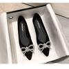 2025 Outono Novo Francês Diário Doce Laço Strass Sapatos Bico Fino Laço Salto Agulha Sapatilhas