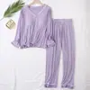 Venda Direta da Fábrica conjunto de 2 peças para mulheres, gola V, manga longa, calça com bojo, fino, solto, roupa de casa, pijama de cor sólida para mulheres