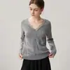 Suéter de cachemira para mujer con ribete de encaje francés, diseño de cuello en V, elegante y chic, color liso, de manga larga, estilo jersey, perfecto como capa interior