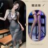 Noche Diversión Sexy Vestido Largo Sexy Ropa Interior Perspectiva Escote Profundo V Vestido de Encaje Noche Uniforme Profesional OL Club Nocturno Ajustado