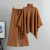 Amazon Transfronterizo Moda Suelta Elegante Traje de Mujer Otoño e Invierno Cuello Alto Capa Suéter de Punto Pantalones de Pierna Ancha Conjunto de Dos Piezas