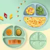 Prato dividido de silicone de grau alimentício para crianças com base de ventosa, bandeja de comida complementar para bebê, louça infantil resistente a quedas, prato de refeição com três compartimentos