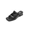 Ropa de Exterior de Moda Negra Verano Nuevo Estilo Punta Cuadrada Tacón Grueso Punta Abierta Sandalias Slip-On Súper Elegantes y Cómodas
