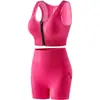 Conjunto de Shorts de Corrida Europeu e Americano de Cintura Alta Sexy para Controle da Barriga com Zíper Frontal e Conjunto de Sutiã Esportivo para Fitness