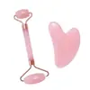 Conjunto de Placa Massageadora Roller de Quartzo Rosa em Formato de Coração Jade Facial Facial Facial Beauty Board Massageador Roller de Duas Cabeças