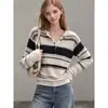 Suéter de punto Henley informal para mujer Otoño Retro Holgado Rayas Contrastantes Versátil Top de Mohair Moderno