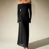 Comercio Exterior Transfronterizo Malla Plateada Cuadrada Vestido Europeo y Americano Sexy Hombros Descubiertos Cuerno Mangas Largas Vestido