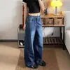 Jeans Azules Retro Americanos para Mujer Verano 2025 Nuevos Bordados de Pierna Ancha Rectos Sueltos Adelgazantes de Largo Hasta el Suelo Modernos
