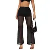 060148 Calça Flare Preta Sexy de Renda Perfurada em Seda Leite Transparente Emagrecedora Estilo Hot Girl Estilo Boate Calça Longa