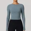 Camiseta esportiva justa estilo europeu e americano, manga longa de secagem rápida com gola redonda, base para yoga, top para Pilates, corrida e fitness