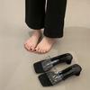 Sandálias Slip-On Transparentes de Tira Estilo Francês para Mulheres, Novo Modelo Verão 2026, Salto Bloco, Bico Quadrado, Sandálias Prata