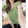 Verão 2025 Simples Cor Sólida Manga Babado Design Elegante Top Feminino Redutor de Idade Emagrecimento Patchwork Manga Curta Top Tricotado