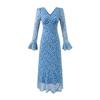 Vestido Azul Floral Fresco con Cuello en V para Mujer 2025 Otoño Delgado Estilo Vacacional Vestido de Cintura de Manga Larga
