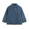 Traje de mezclilla para mujer con cuello alto, botones diagonales, chaqueta de mezclilla y pantalones largos de pierna ancha de cintura alta acampanados, conjunto de dos piezas, en stock 4001058