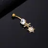 Anillo para Ombligo en Espiral Microincrustado de Zirconia de Venta Caliente Transfronteriza, Piercing para Ombligo de Estrella y Luna Estilo Europeo y Americano, Anillo para Ombligo con Borla