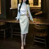 Conjunto de dos piezas estilo francés WanJing: camisa hecha a mano con cuello alto plisado y mangas abullonadas y falda recta vintage de cintura alta para ir al trabajo