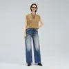 Pantalones Largos de Mezclilla de Algodón con Pierna Curva Moda Francesa para Mujer Lavados Personalidad Sueltos Frescos Pierna Ancha Cuatro Estaciones Pantalones de Mezclilla Largo hasta el Piso Producto Nuevo