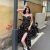Floral Nuevo Vestido Largo Negro de Primavera para Mujer 2024 Falda para la Hora del Té con Abertura Cinturón en la Cintura Vestido sin Tirantes