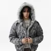 Chaqueta de algodón con capucha estilo punk tie-dye, desgastada, de pelo sintético de visón para hombre, invierno, marca Zuo Shan Diao, abrigo de algodón cálido y elegante