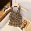 Top Chaleco Ceñido de Tirantes Finos con Cuello Kink a Cuadros Estilo Spice Girl para Mujer, Nueva Ropa de Verano 2025
