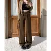 Jeans de pierna ancha color gris oscuro para mujer temporada 2026 otoño nuevo talla grande tiro alto holgados adelgazantes pierna recta largo hasta el suelo pantalones