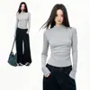 Camiseta Térmica Base de Manga Raglán Gris de Cuello Medio Alto para Mujer Otoño/Invierno Nuevo Estilo Básico Color Sólido Ajuste Delgado Versátil