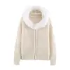 Bestseller de comercio exterior transfronterizo de Amazon: Chaqueta de punto bicolor para mujer con cuello de pelo, capucha, punto grueso, cremallera, corte holgado, estiliza y versátil