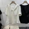 Blusa Texturizada Plisada Estilo Retro Francés Cuello en V 2026 Nuevo Estilo de Verano Manga Abullonada Solapa Diagonal Cintura Ajustada Camisa Top para Mujer
