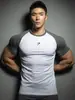 GIMNASIO transfronterizo en stock fábrica hombres fitness deportivo casual running elástico secado rápido manga corta tiburón corte ajustado ceñido