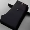 Calça masculina de sarja com bordado de coroa de outono, elástica, corte reto, caimento solto, cintura alta, entrepernas profundo, calça casual slim para negócios