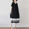 Tiroteo real 2023 Verano nuevo estilo coreano suelto costuras rayado algodón y lino manga corta vestido talla grande ropa de mujer longitud media
