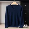 Suéter de cachemira de punto plano con cuello en V de 12 puntos para hombre, básico versátil de punto cálido para negocios, top tipo jersey de manga larga