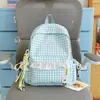 Mochila Fresca Estilo Coreano com Estampa Xadrez e Bolinhas com Acabamento em Renda, Pequena Mochila Escolar para Meninas, Adequada para Alunos do Ensino Fundamental II e Médio, Bolsa para Mulheres que se Deslocam