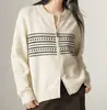 Cardigan Tricot Jacquard Redondo Estilo Retrô para Mulheres, Novo Estilo Outono/Inverno, Elegante Casaco Tricot com Zíper Duplo Estilo Coreano para Mulheres