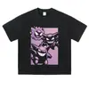 Estampado de anime, camiseta lavada y desgastada, talla grande, estilo vintage, hombros caídos, corte holgado, moderna y genial, unisex, casual de manga corta
