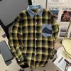 Camisas Xadrez Retrô de Manga Longa para Homens e Mulheres na Primavera e Outono de 2025, Jaquetas Xadrez com Gola Patchwork, Camisas de Marca Tendência