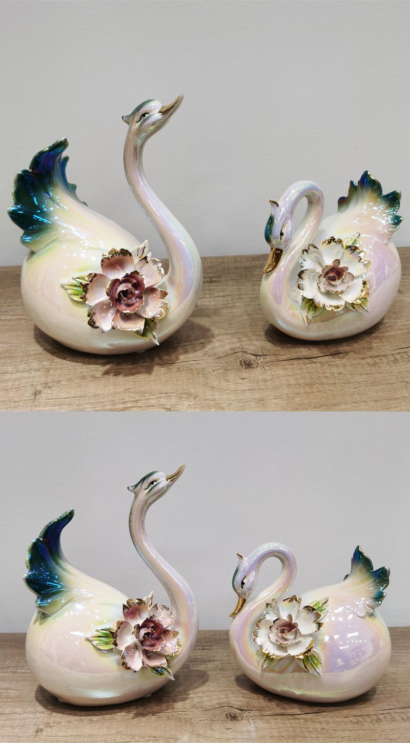 天鹅陶瓷摆件Vintage Ceramic Swans with Flowers Painted Faces Blue Wings