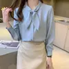 Camisa Nueva de Gasa para Mujer Primavera y Otoño 2026, Manga Larga, Estilo Francés, Diseño Elegante, Corbata de Lazo Orejas de Conejo, Top Azul Profesional