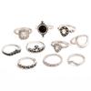 Anillo popular europeo y americano para mujer con gema negra, corona hueca, diamante, gota de agua, hoja de luna, juego de 10 piezas, decoraciones