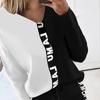 Amazon transfronterizo Europeo y Americano Nuevo para Mujer Camiseta de Manga Larga con Costuras de Cinta en Contraste Pantalón Lápiz Traje Casual para Mujer