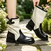 Botas de media caña para mujer con punta redonda, tacón grueso y diseño de retazos, con hebillas metálicas, estilo de bota de trabajo y una estética británica retro, perfectas para otoño e invierno y versátiles para cualquier atuendo.