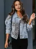 Outono e inverno transfronteiriço novo Amazon Casaco jeans feminino manga longa estação independente Casaco europeu e americano feminino top com costura de leopardo