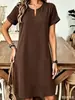 Vestido midi casual de estilo europeo y americano 2026, con cuello en V y cuello redondo, mangas acampanadas, corte A holgado, ropa para mujer de talla grande